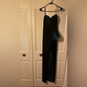Emerald Green Velvet Draped Wrap Detail Bandeau Maxi Dress.
